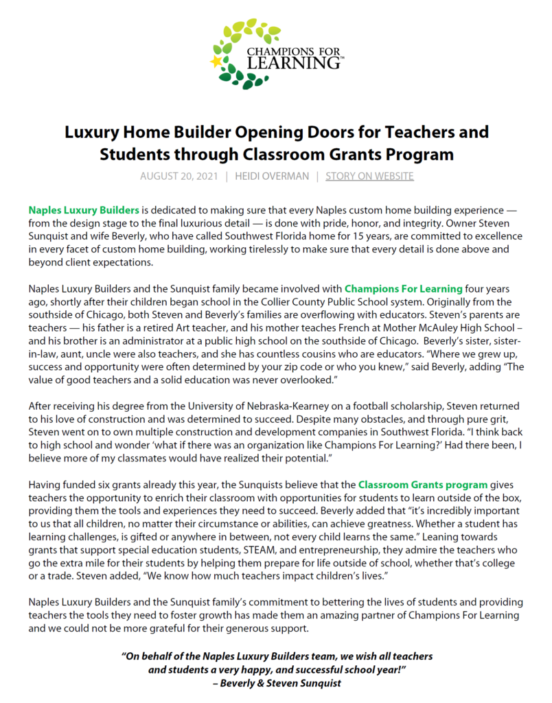 Naples Luxury Builders, Champions for Learning